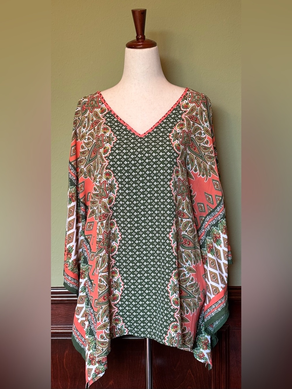 Belle by Kim Gravel Coral and Green Boho V-Neck Poncho Tunic